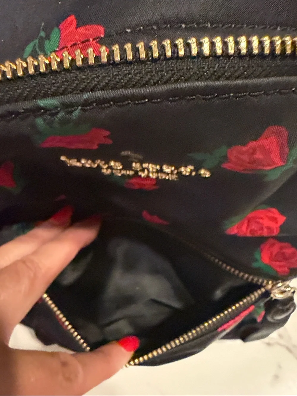kate spade black backpack with red rose print